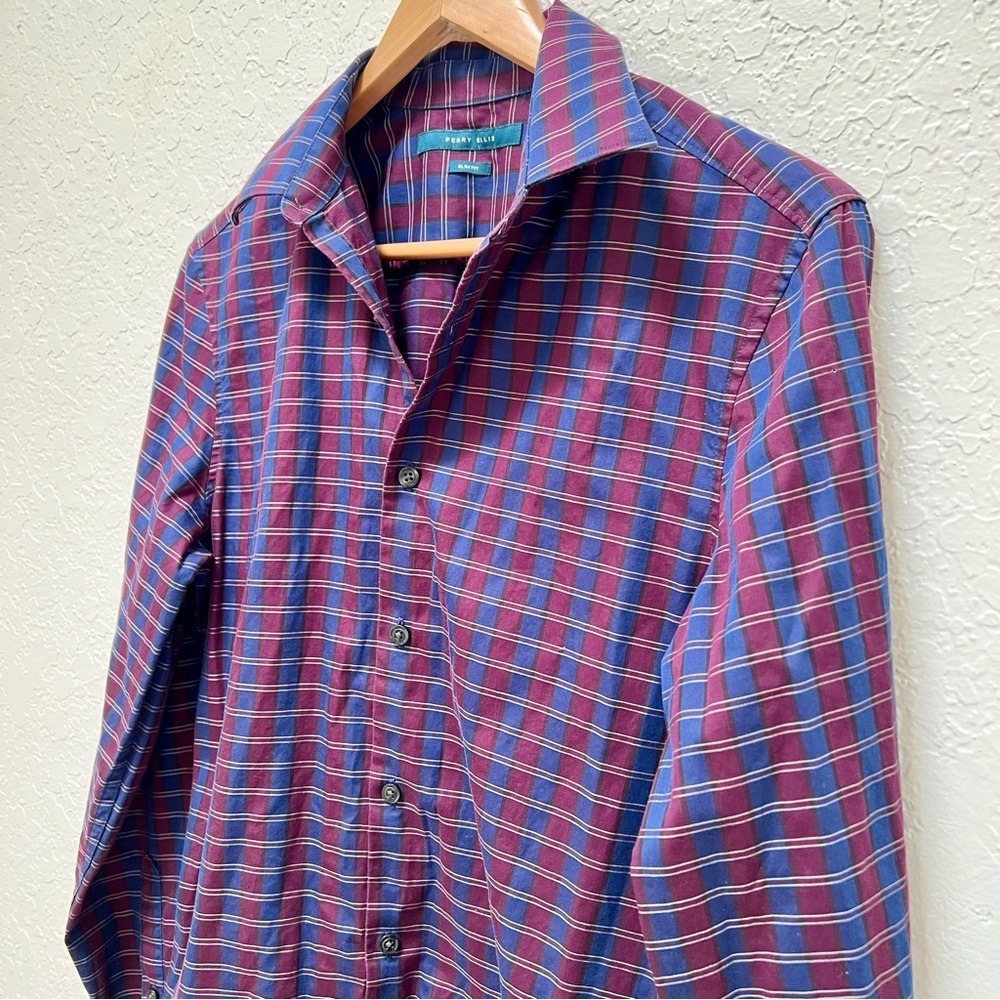 Perry Ellis Mens Long Sleeve Button Down Plaid Dress Shirt Slim Fit Preppy Small